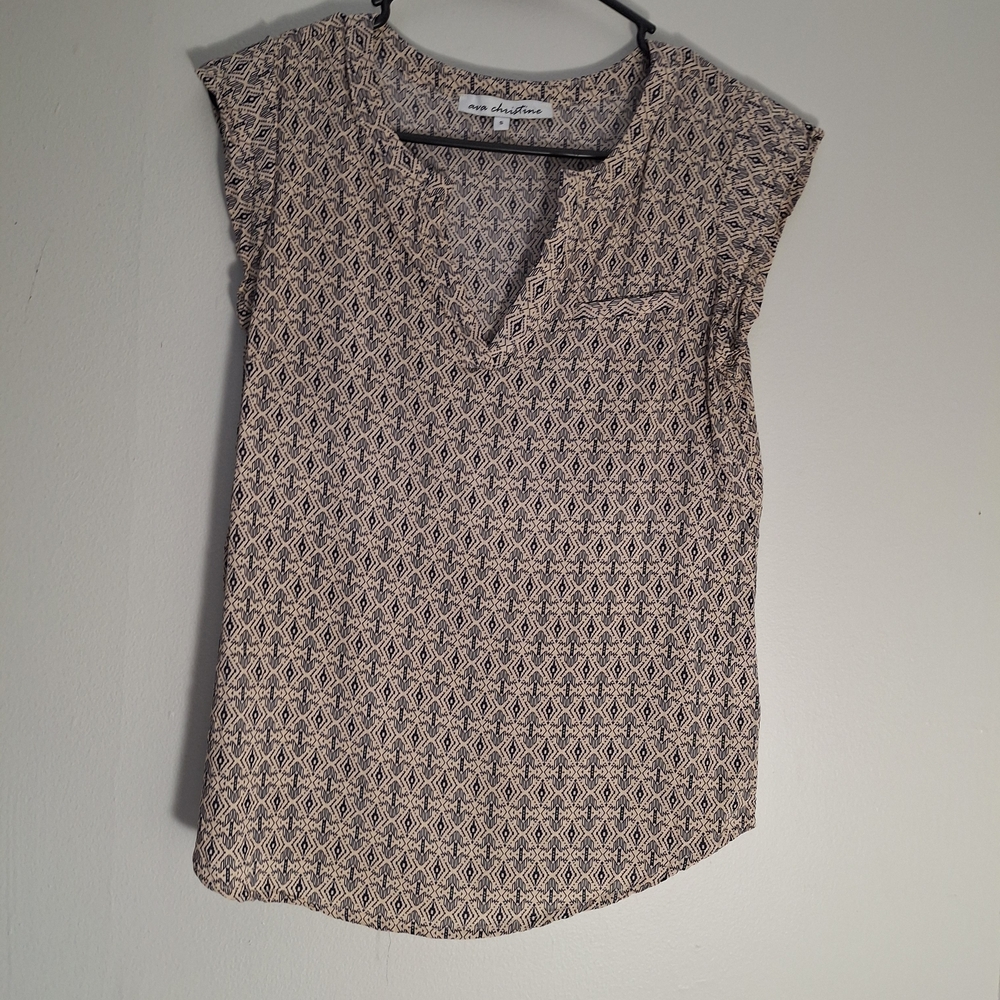 Anne Fontaine Navy and Cream Geometric Short-Sleeve Blouse